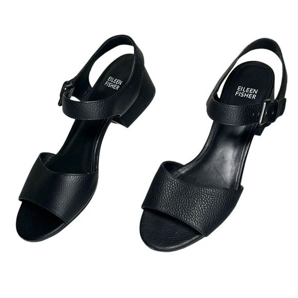 Eileen Fisher - Block Heeled Sandals, Strappy, Pebbled Leather - Size 8, Black - Picture 1 of 14